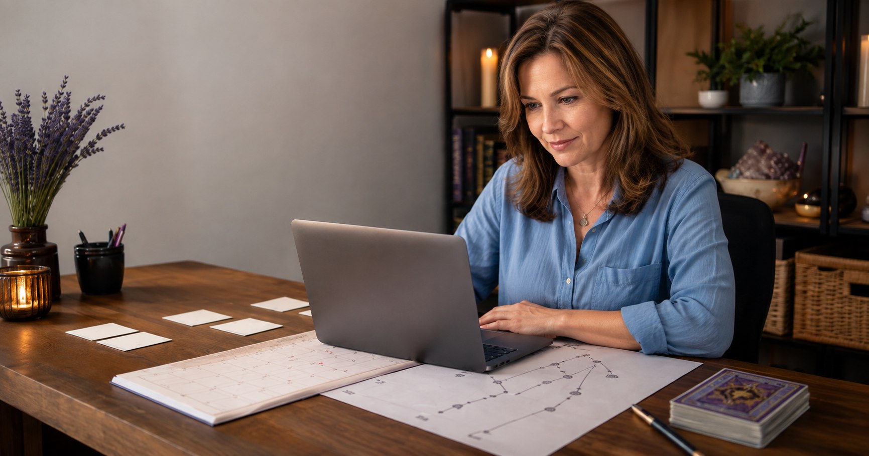 Woman using a laptop beside a calendar and reading cards