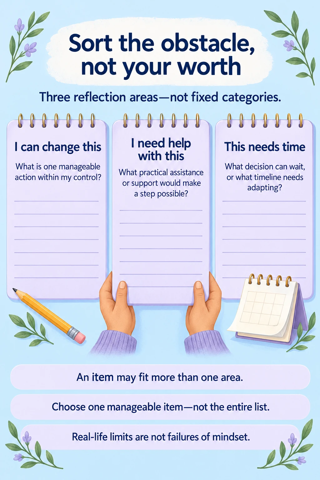 Three equal obstacle reflection areas ask what you can change, where help is needed and what needs time; areas can overlap, and real-life limits are not failures of mindset.