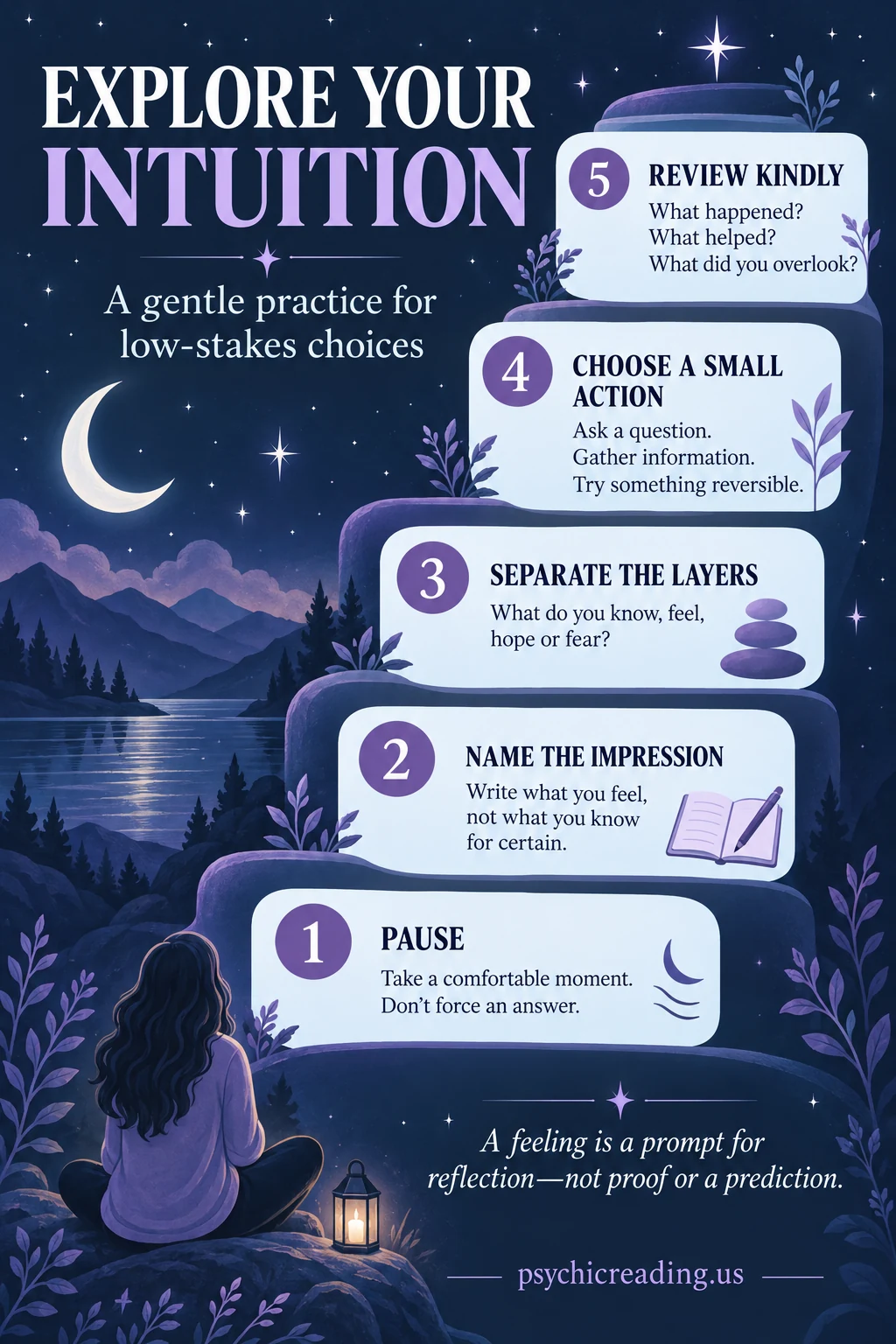 Five-step intuition reflection ladder: pause, name the impression, separate facts and feelings, choose a small action, and review kindly.