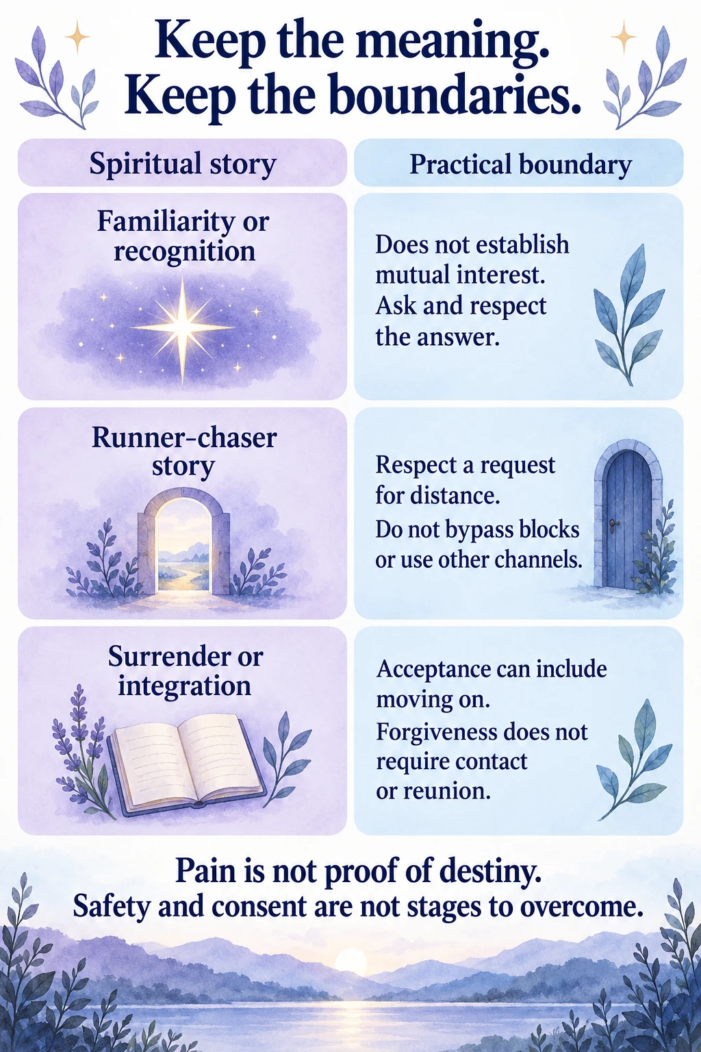Three spiritual story and practical boundary pairs: familiarity does not establish mutual interest; the runner-chaser story does not override requests for distance or blocks; surrender or integration can include moving on without contact or reunion. Pain is not proof of destiny, and safety and consent are not stages to overcome.