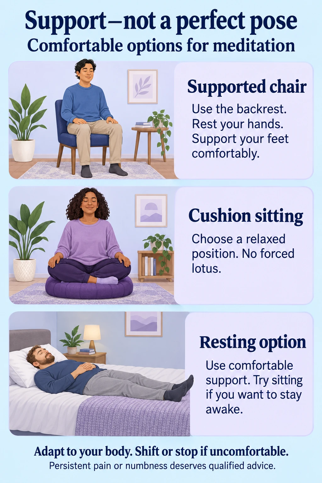 Three equally valid meditation options: a supported chair with resting hands and feet, relaxed cushion sitting without forced lotus, and lying down with comfortable support.