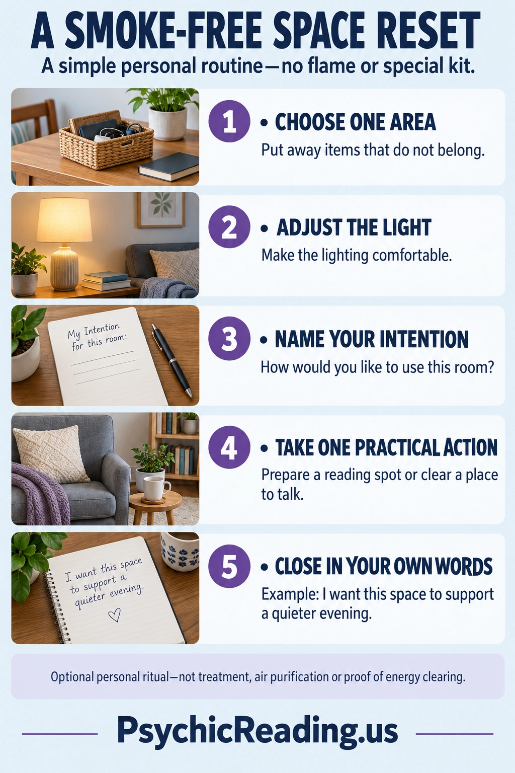 Five-step smoke-free personal routine: tidy one area, adjust light, set an intention, take a practical action and finish in your own words.