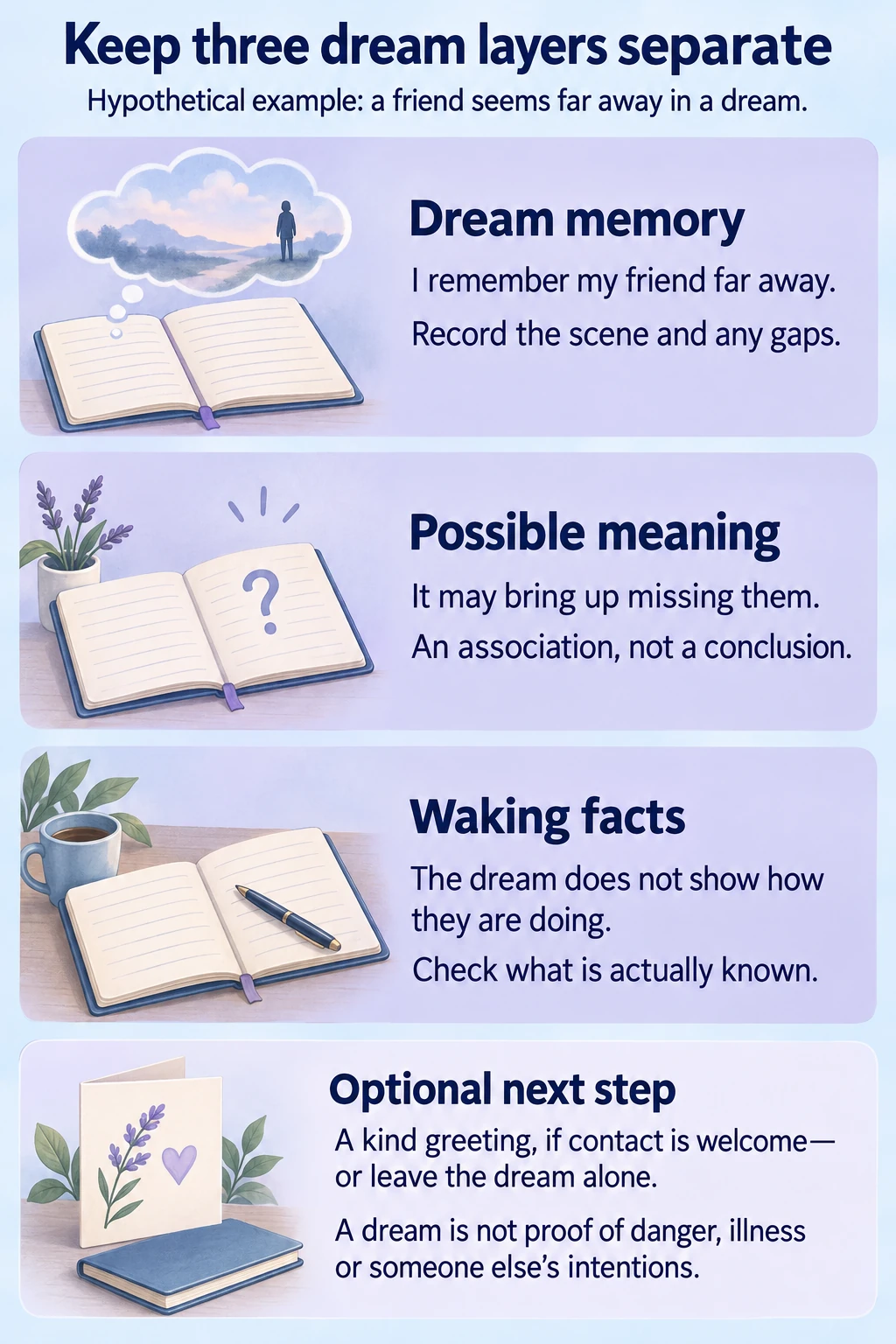 Hypothetical dream journal separates remembering a faraway friend, a possible association of missing them, and waking facts; a welcome greeting or no action is optional, and the dream does not prove danger or private intentions.